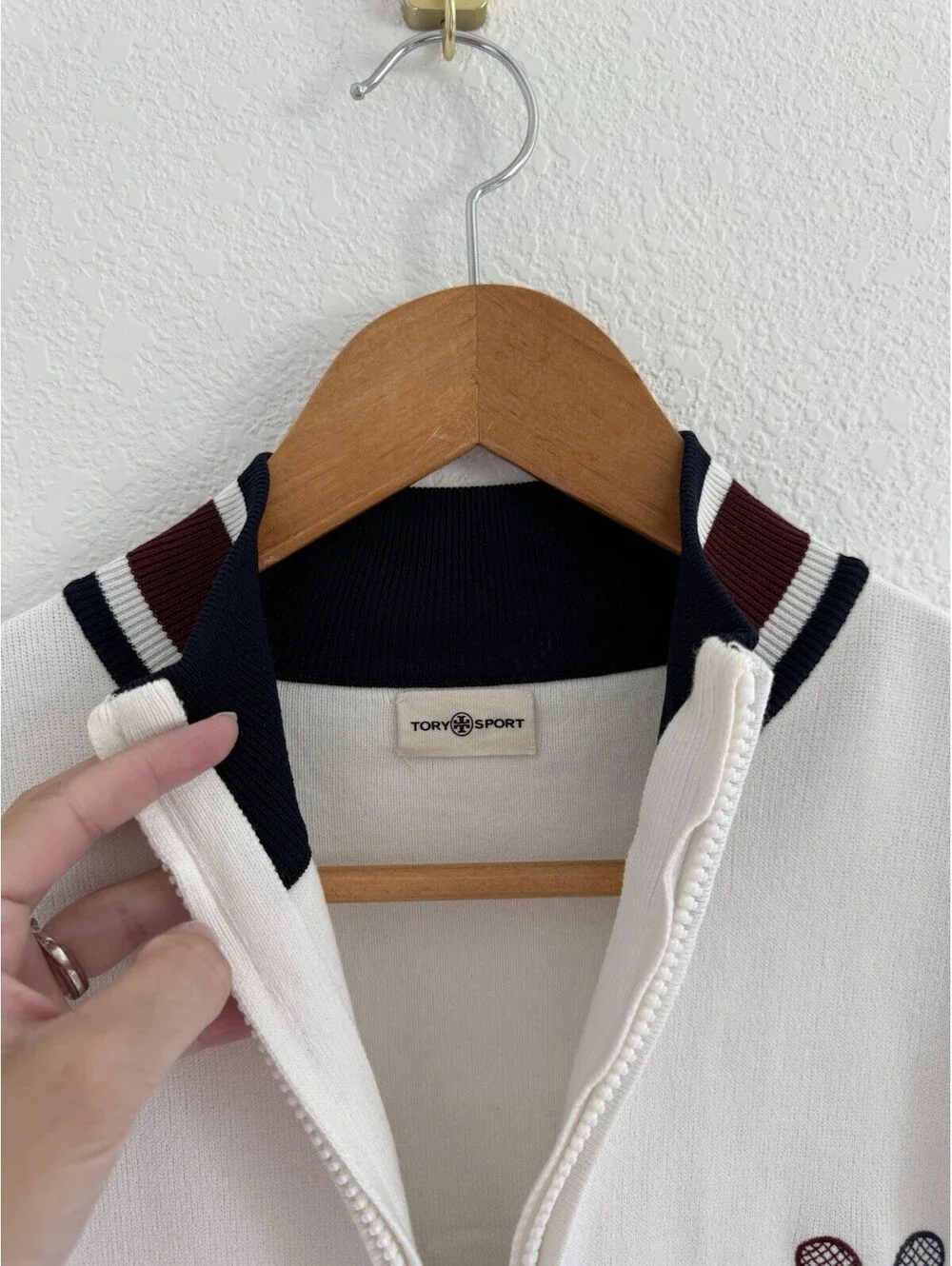 Tory Burch Tech Knit Snow White Sporty Full Zip Tennis Jacket Women’s Sz Medium